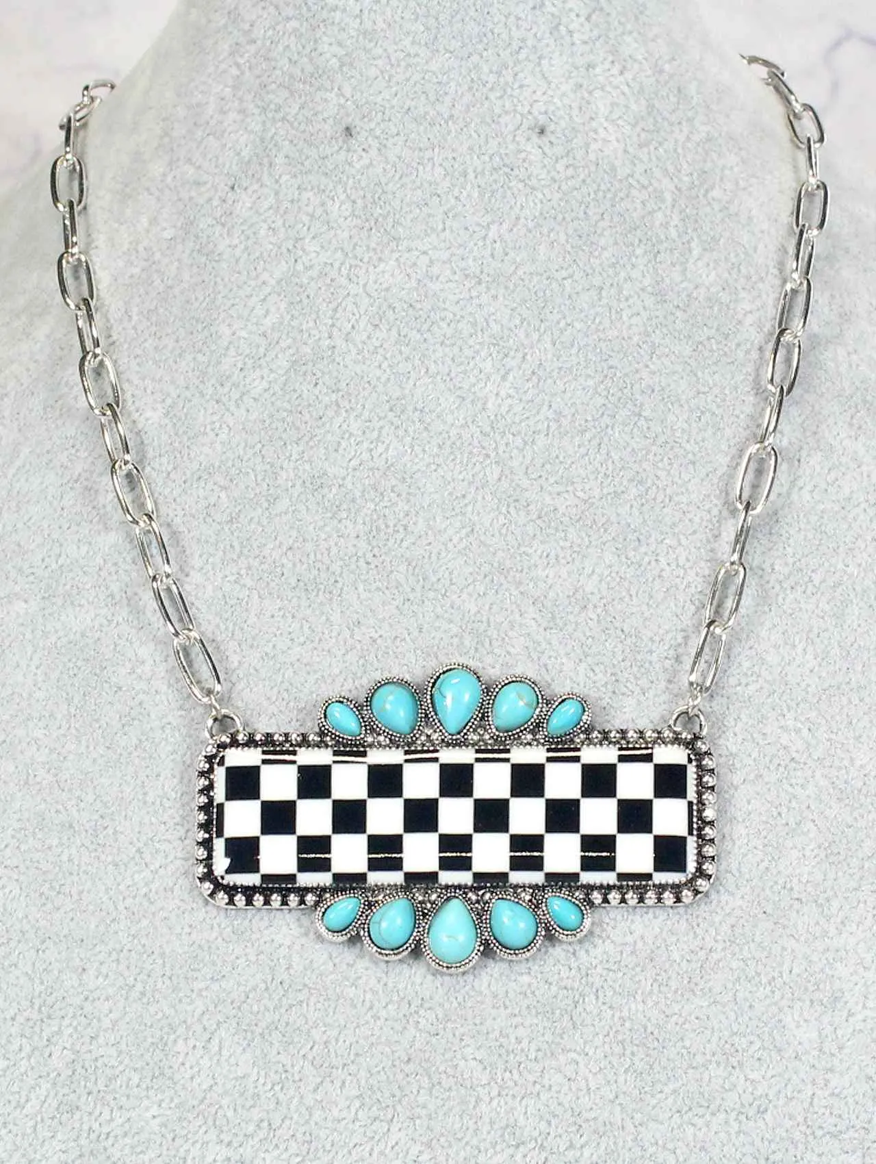 1245 Checkerboard and Turquoise Statement Necklace – Bold Western Flair