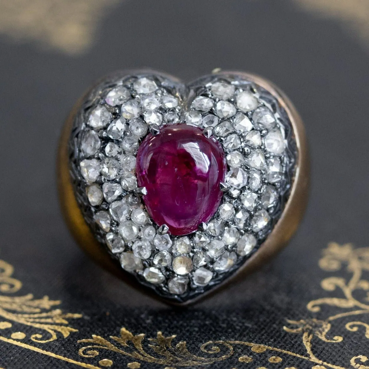 3.30ctw Vintage Ruby & Diamond Heart Motif Ring