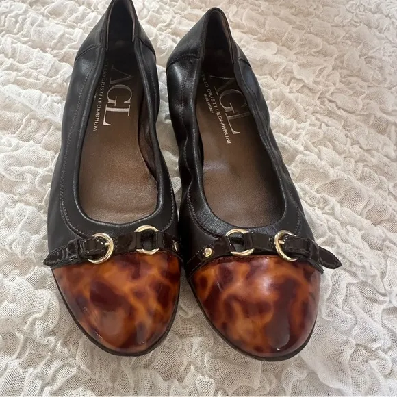 AGL Dark Brown Leather Tortoise Shell Ballet Flat Toe Size 8.5/39