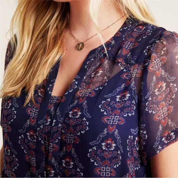 Anthropologie Maeve Adrian Sheer Tunic Dress Large floral beach navy coverup