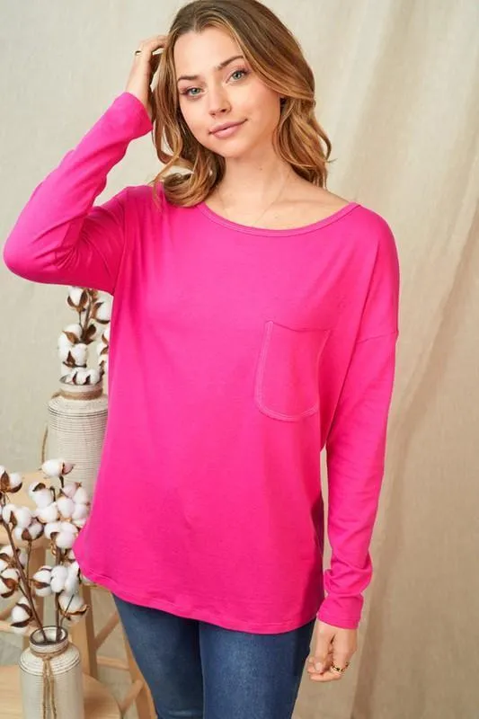 Basic Long-Sleeved Pocket Tee in Hot Pink -- Regular Sizes Only
