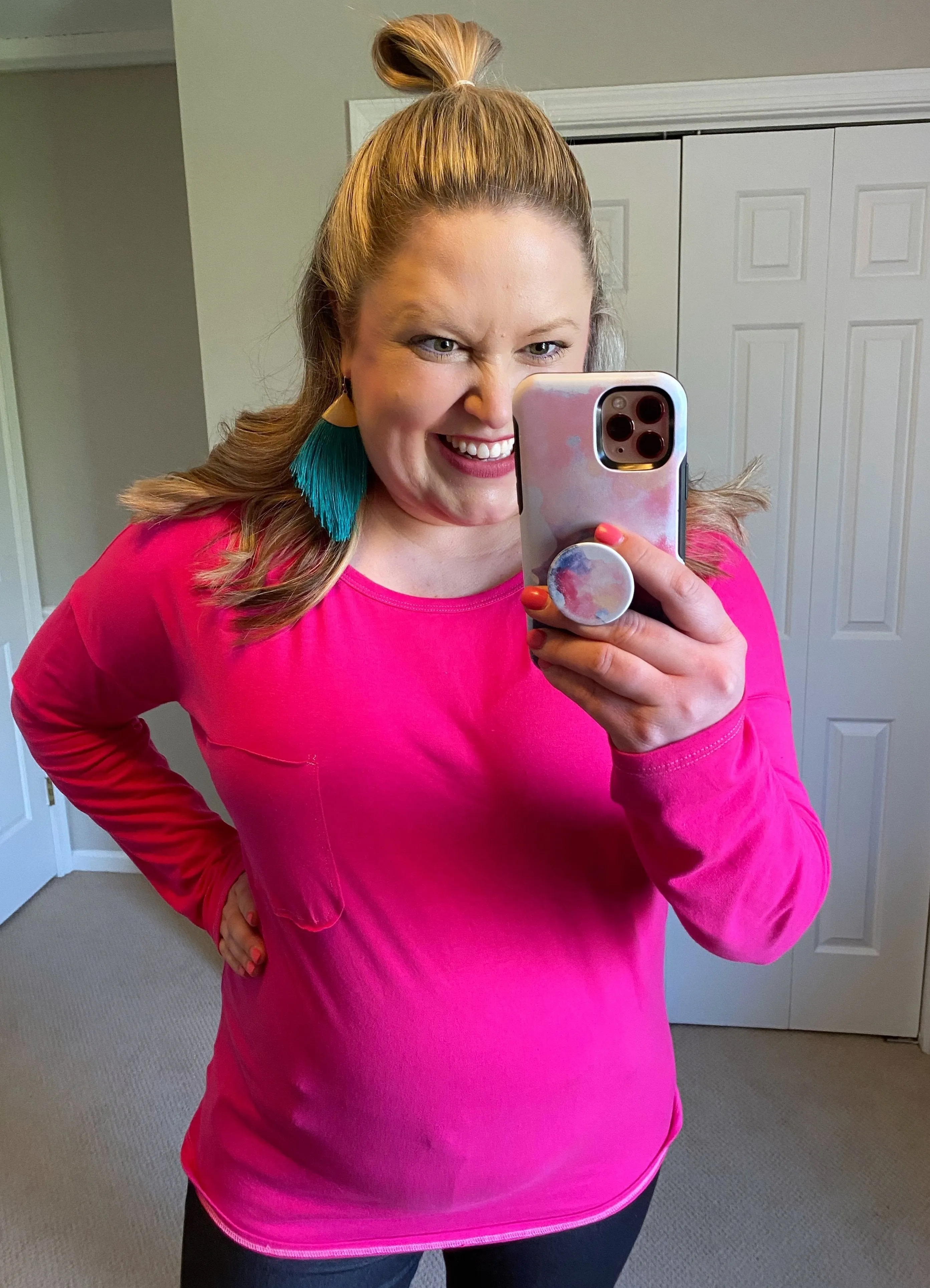 Basic Long-Sleeved Pocket Tee in Hot Pink -- Regular Sizes Only