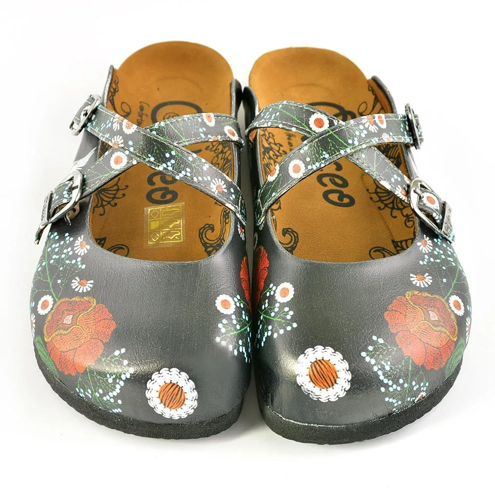 Black and Red, White Colored Rose and Flowers Patterned Clogs - WCAL165