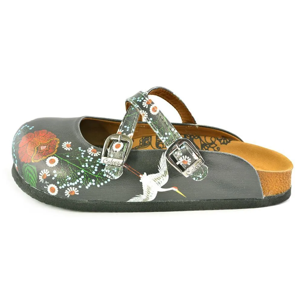 Black and Red, White Colored Rose and Flowers Patterned Clogs - WCAL165