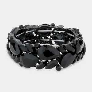 Black Teardrop and Marquise Stone Cluster Stretch Pageant Bracelet | Bling Chunky Bracelet  |  569497