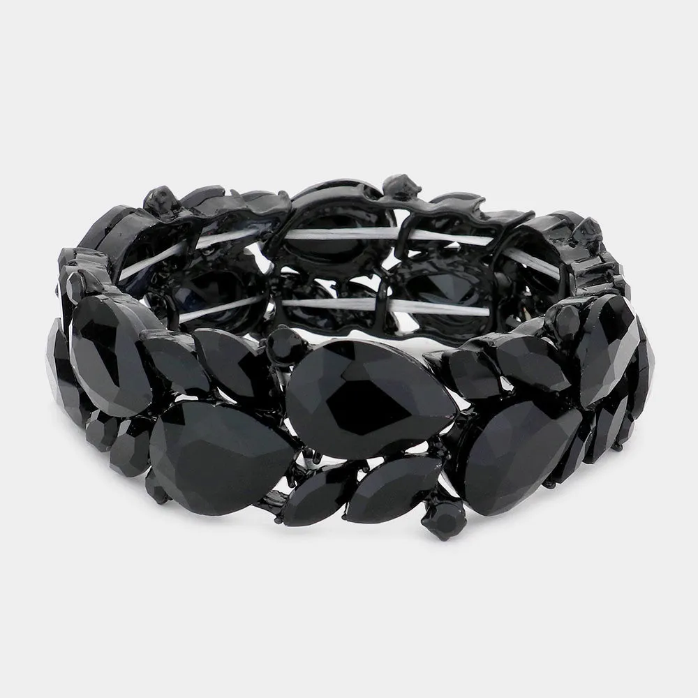 Black Teardrop and Marquise Stone Cluster Stretch Pageant Bracelet | Bling Chunky Bracelet  |  569497