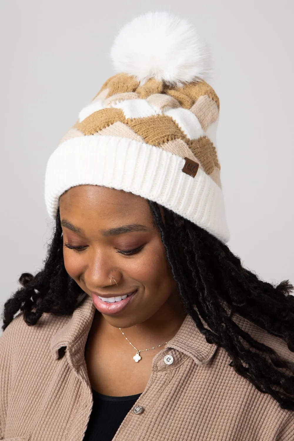 C.C. Chunky Weaved Pom-Pom Beanie for Women in Beige | HTC0100BGE