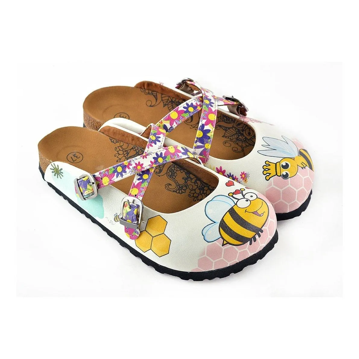 Colorful Flowers and Yellow Colored Sweet Bee Patterned Clogs - WCAL123