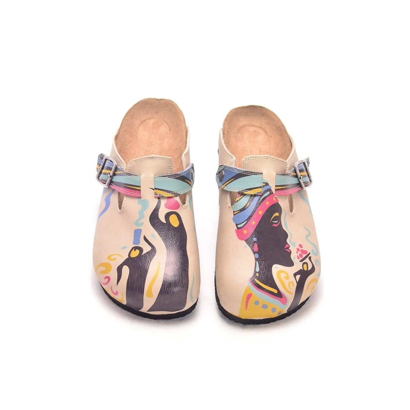Cream and Colored Striping and African Queen Patterned Clogs - CAL306