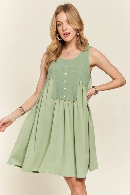 Decorative Button Sleeveless Sage Babydoll Dress