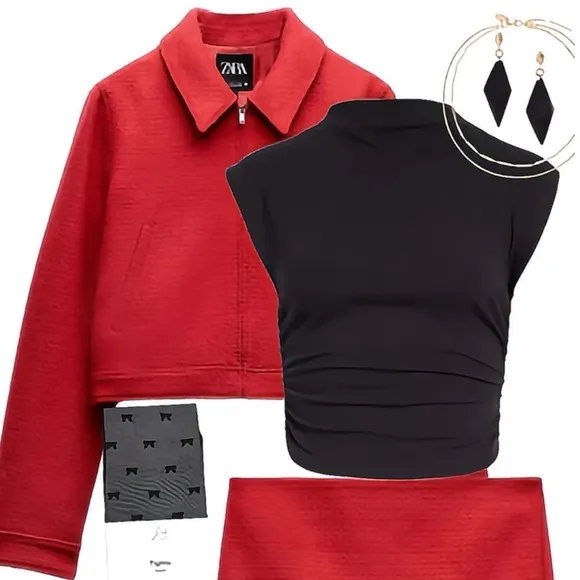 [Express Ship] Zara Textured Wool Blend Cropped Zip Up Tweed Jacket Red S