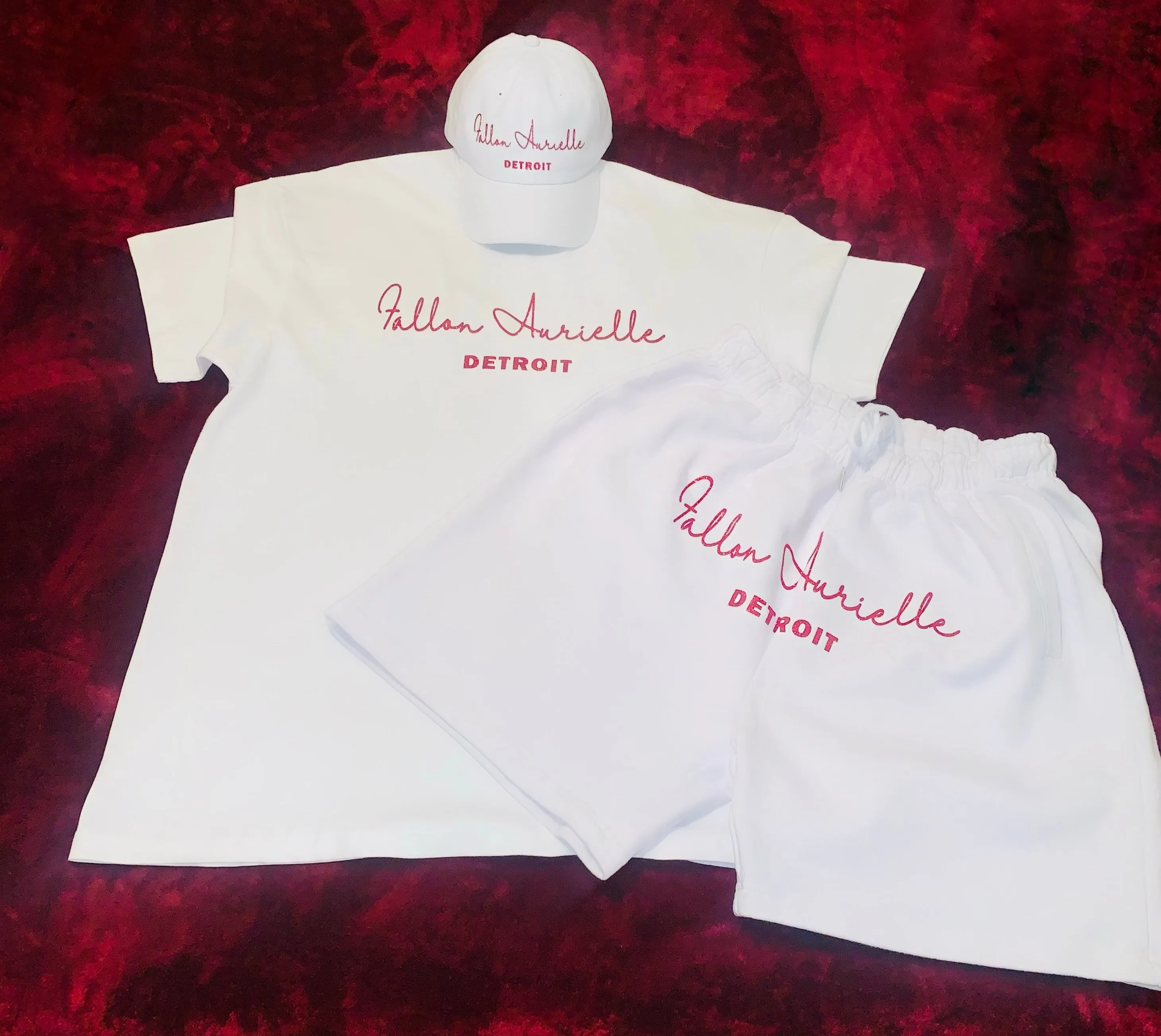 Fallon Aurielle Unisex Signature 3 Piece Detroit Rep Yo Set Above The Knee Short Set (White & Red Sparkle)