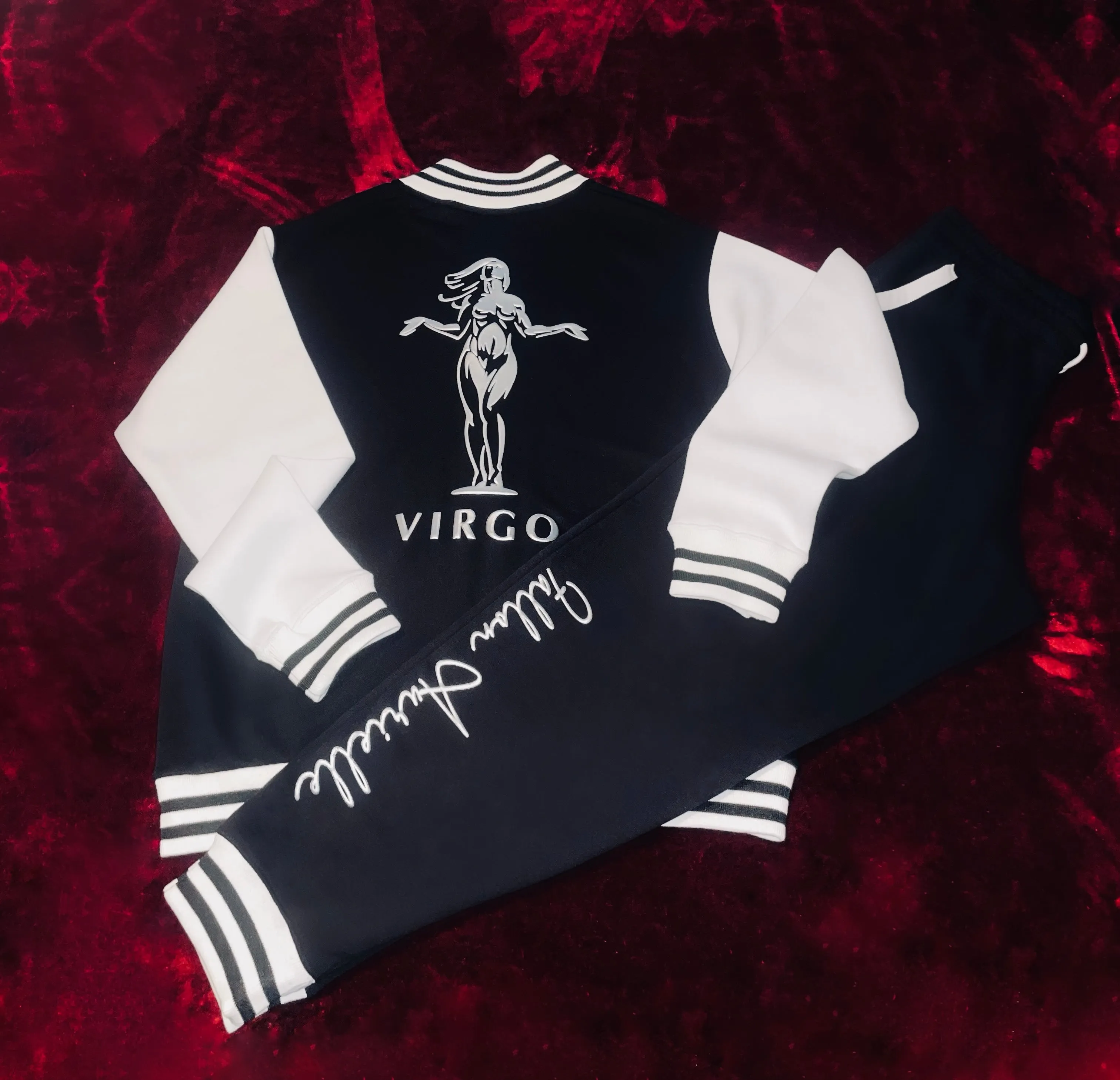 Fallon Aurielle Unisex Signature Virgo Virgin Woman Logo & Name Zodiac Jacket Jogging Set (Black, Metallic Silver & White)