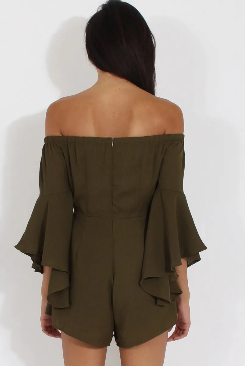 Green Bardot Cropped Bell Sleeve Playsuit - Fabiana
