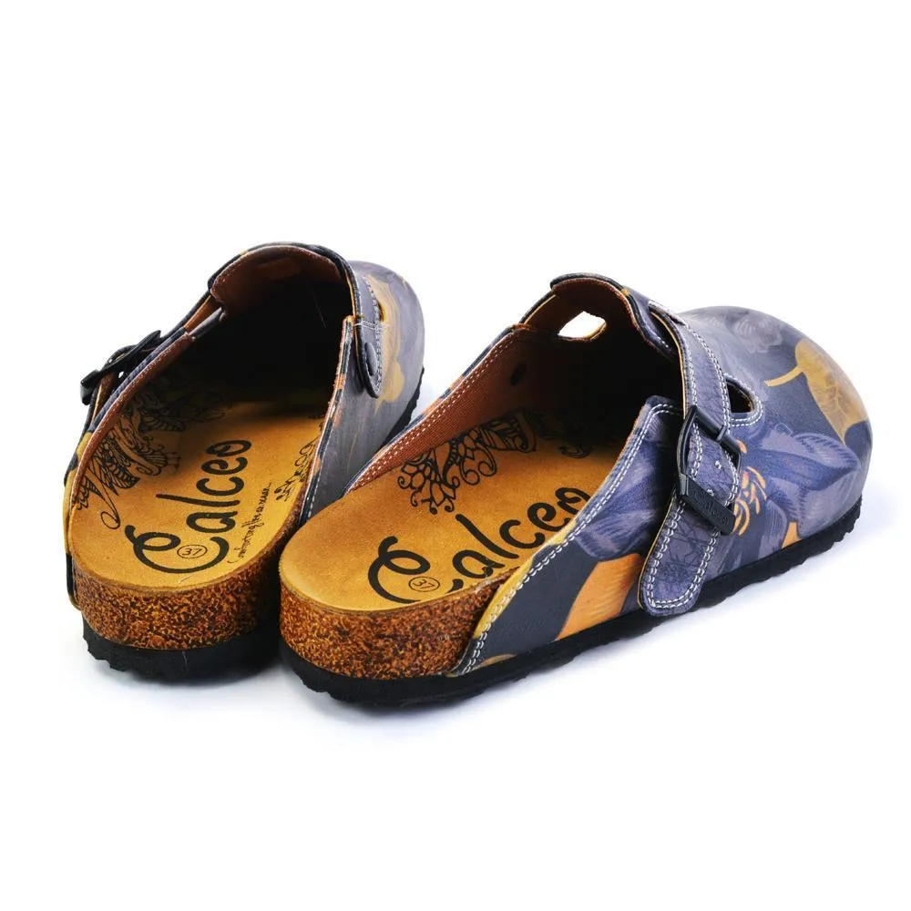 Grey, Dark Blue Flowers and Gold Leafs Patterned Clogs - CAL372