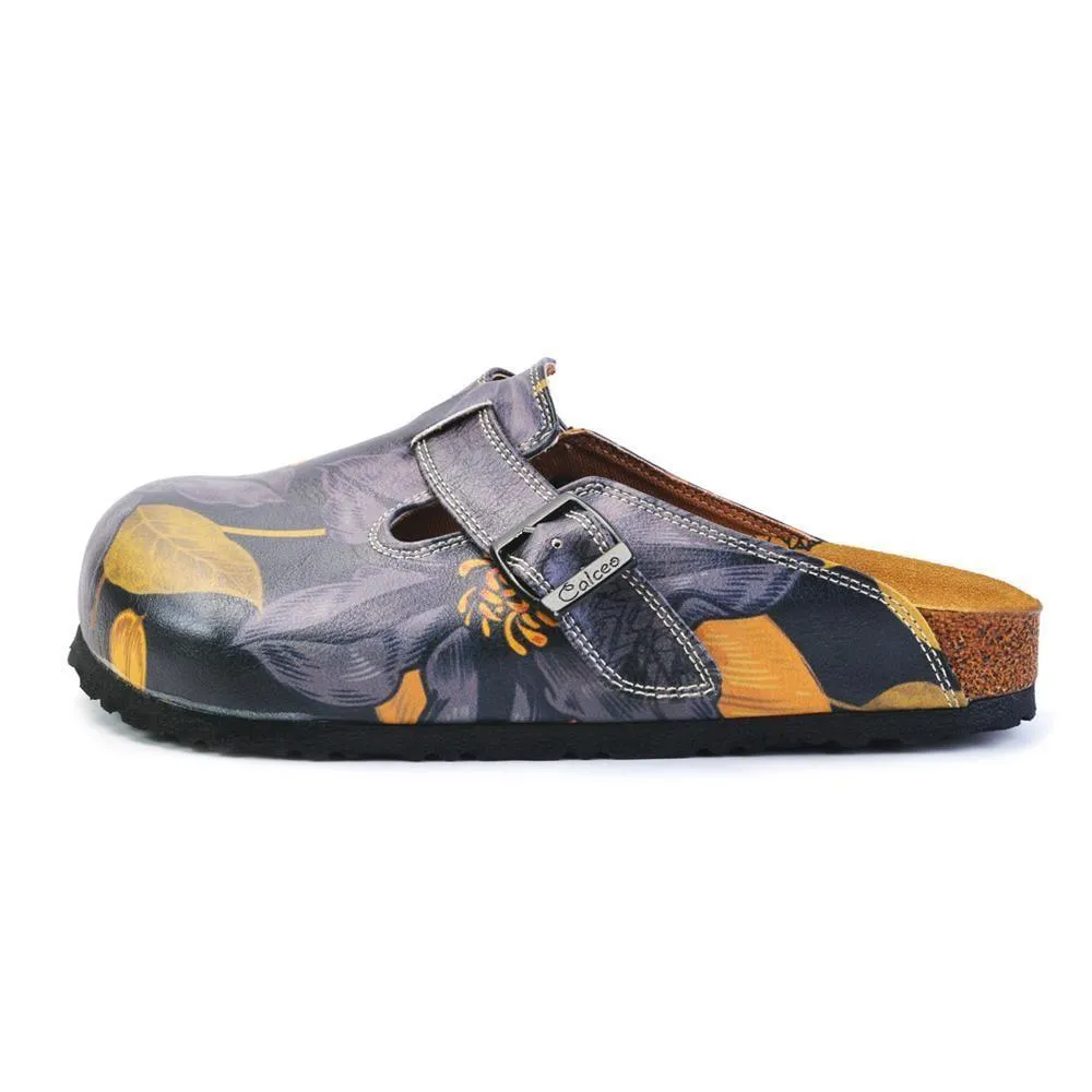 Grey, Dark Blue Flowers and Gold Leafs Patterned Clogs - CAL372
