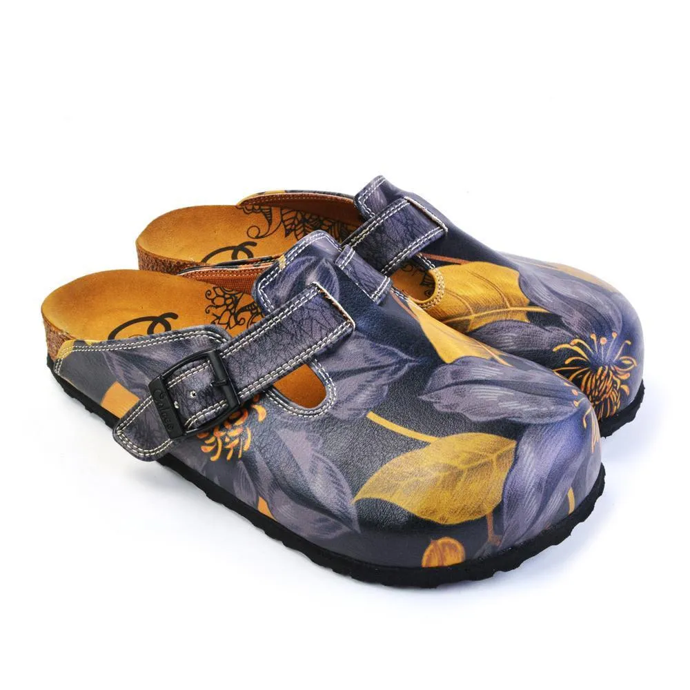 Grey, Dark Blue Flowers and Gold Leafs Patterned Clogs - CAL372