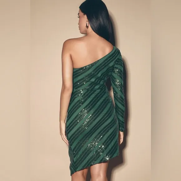 Lulus Green Sequin Dress One Shoulder Rendezvous With You Party Bodycon SZ Small