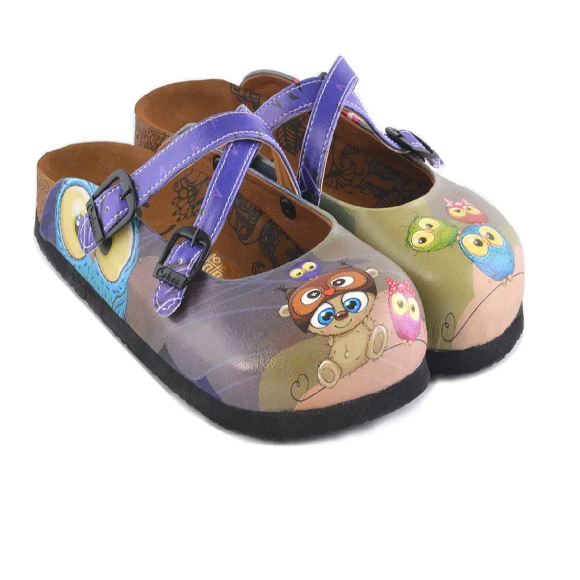 Navy Blue and Purple Colored, Cute Bear and Owl Patterned Clogs - WCAL155