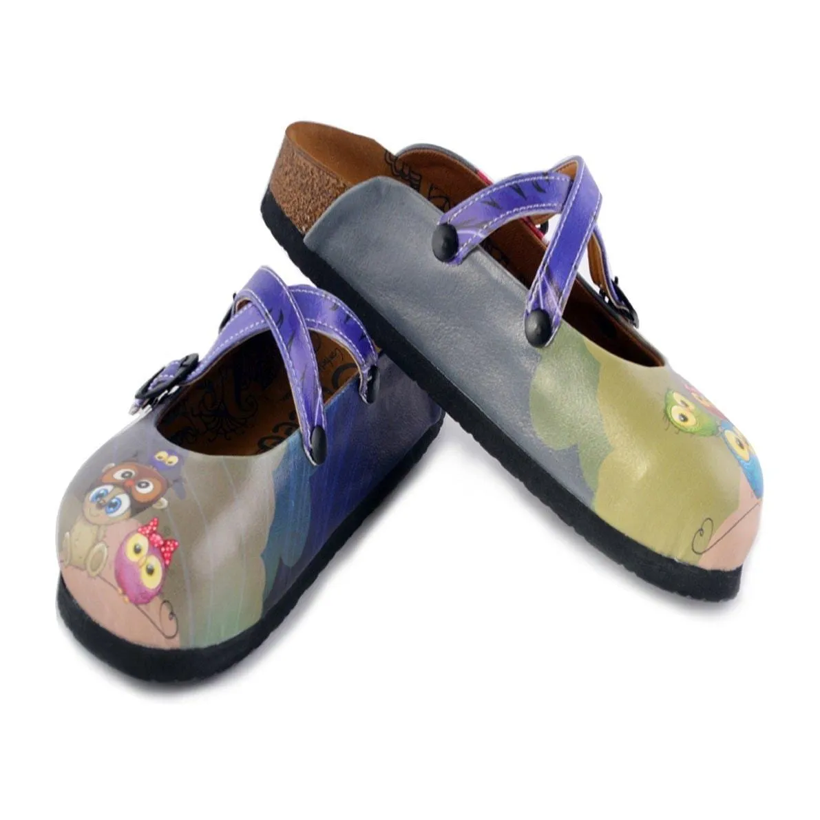 Navy Blue and Purple Colored, Cute Bear and Owl Patterned Clogs - WCAL155