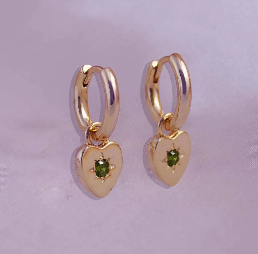 Peridot Heart Charm Earrings - Rose Gold
