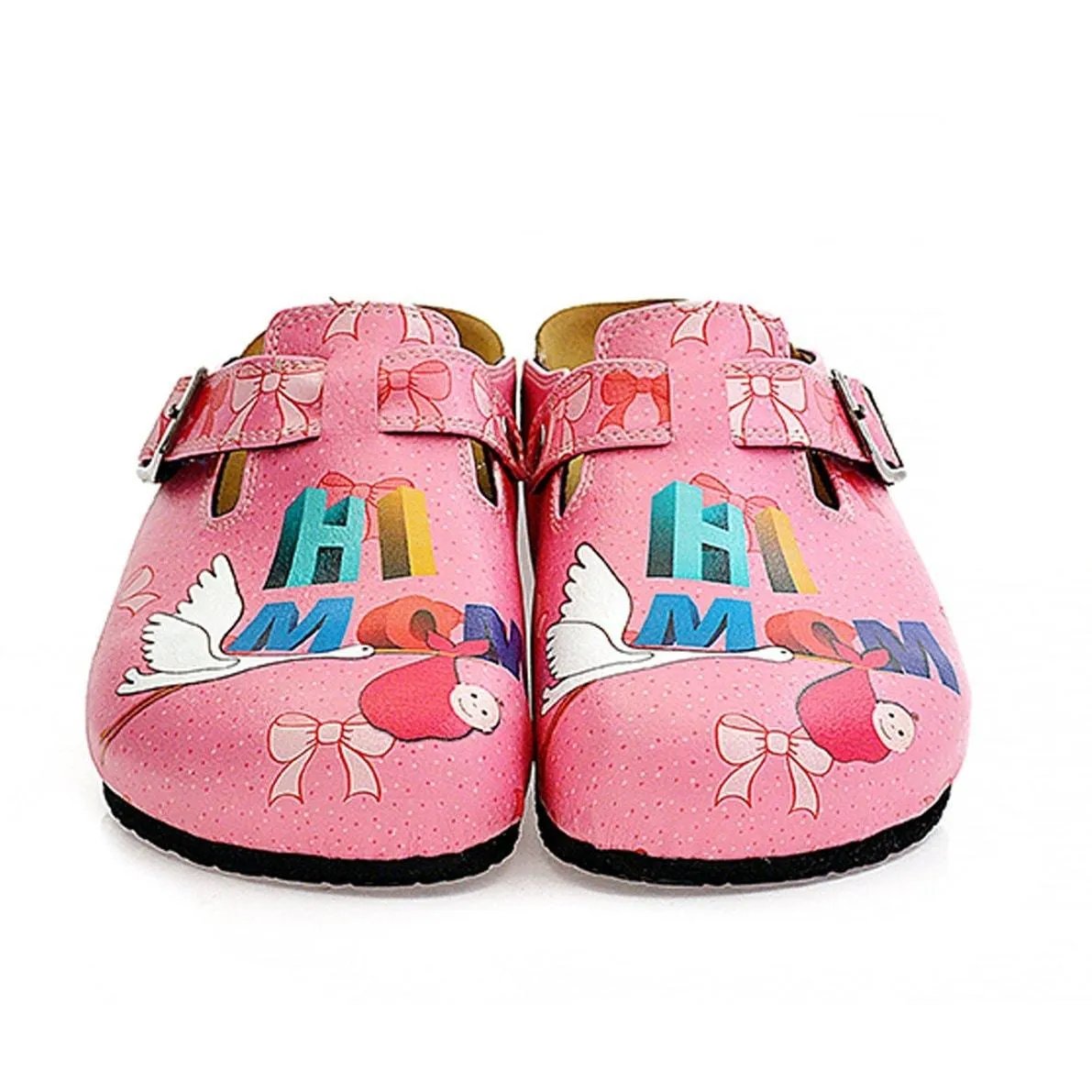 Pink and White Pow Pattern, Hi Mom Written Patterned Clogs - WCAL323