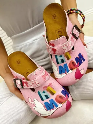 Pink and White Pow Pattern, Hi Mom Written Patterned Clogs - WCAL323