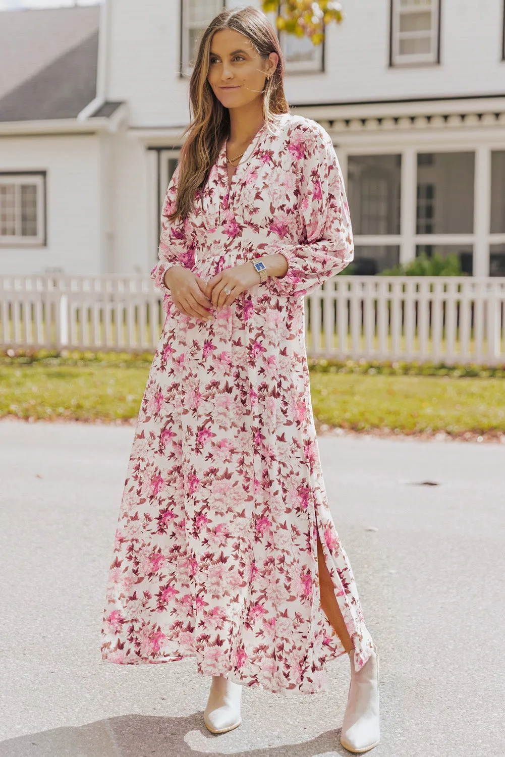 Purple Deep V Neck Ruched High Waist Floral Maxi Dress