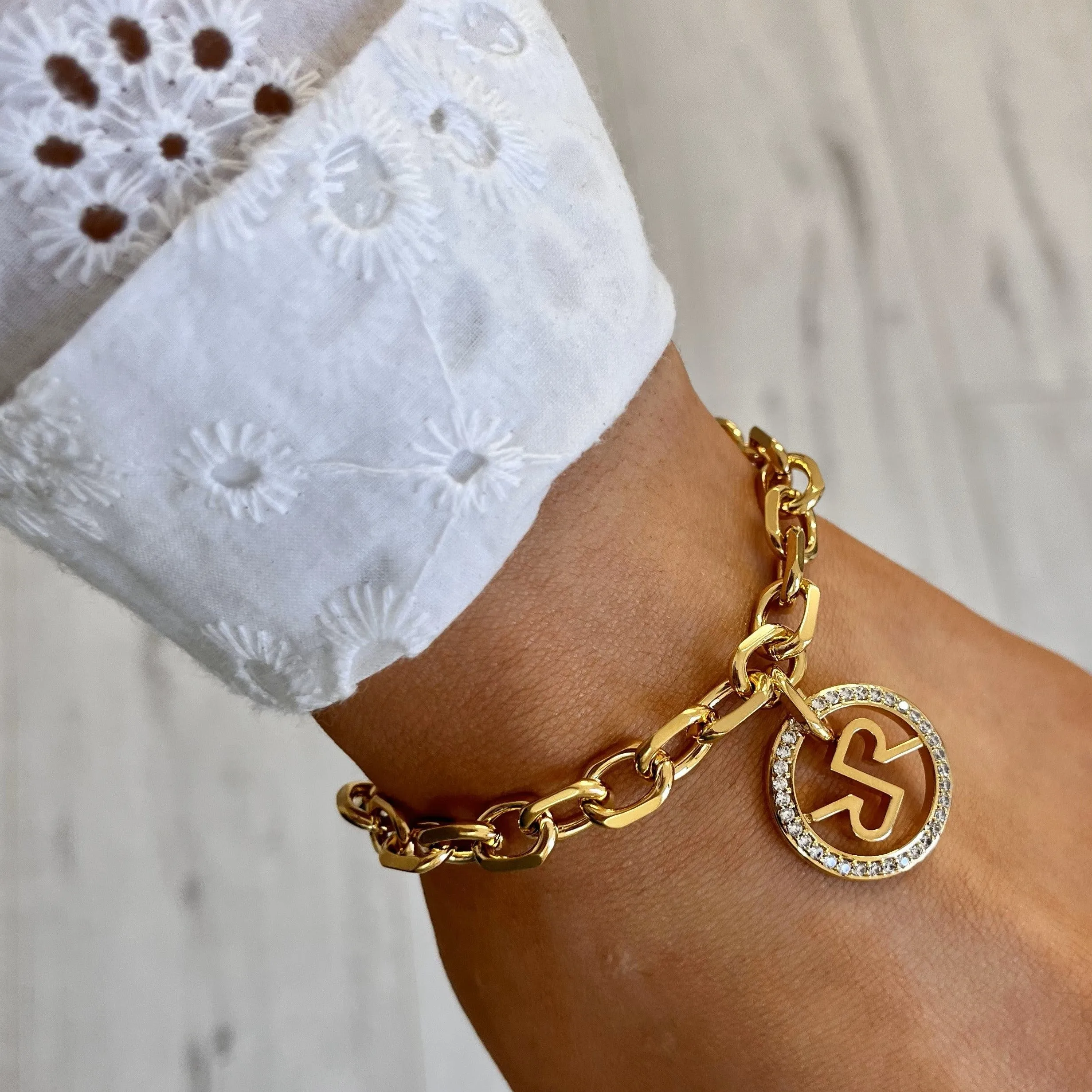Rebecca Icon Gold Drop Charm Chunky Link Bracelet