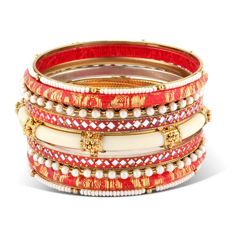RED AND IVORY RESIN ETHNIC BANGLES SET OF 9 PCS #VB10595_RED (OE4)