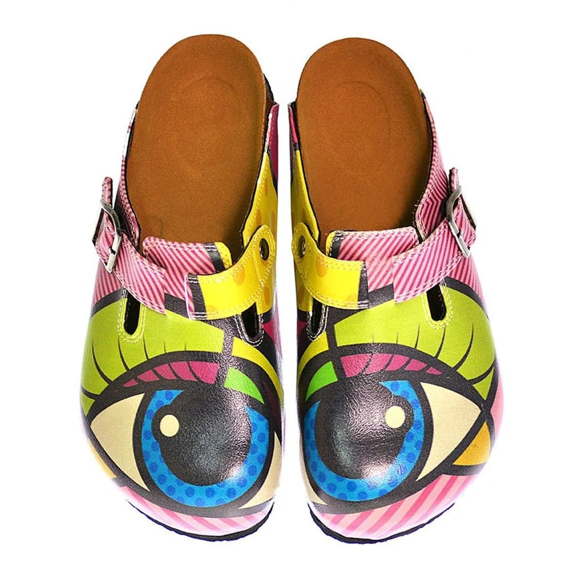 Red, White Strip and Big Blue Polkadot Eyes Patterned Clogs - CAL318