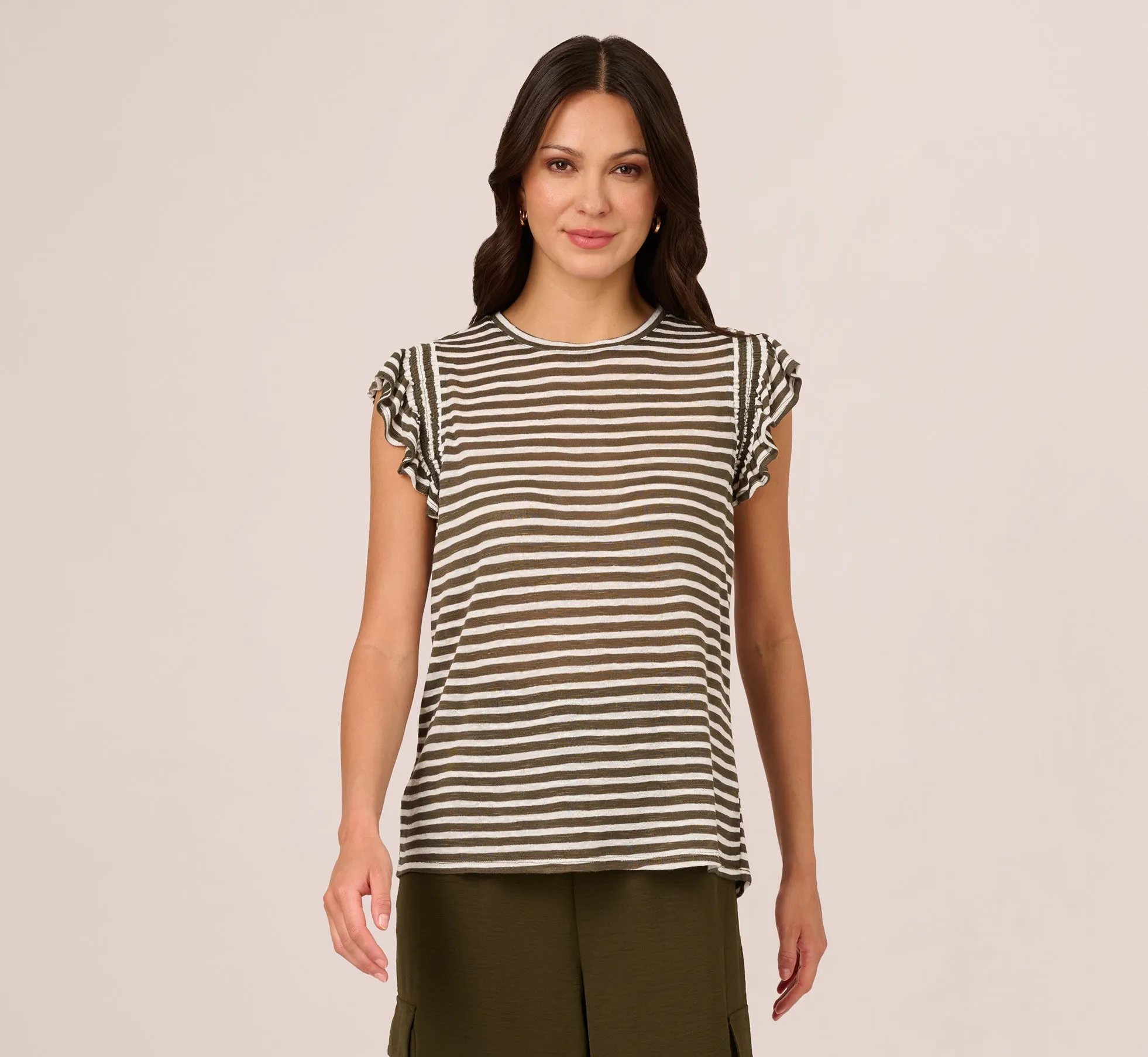 Striped Tee With Ruffle Sleeves In Dk Green White