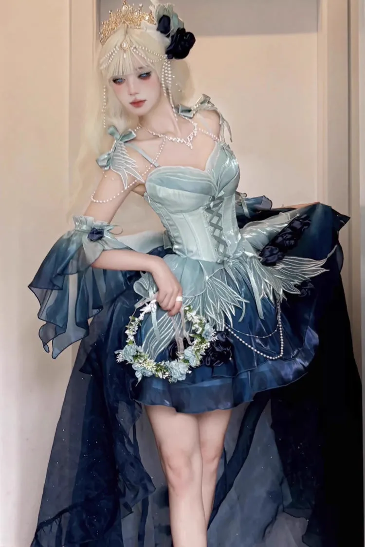 Undersea Blue [Swan Wonderland] Embroidery Bowknot Lace-Up Sweet Ballet Lolita Jsk Dress Short Version