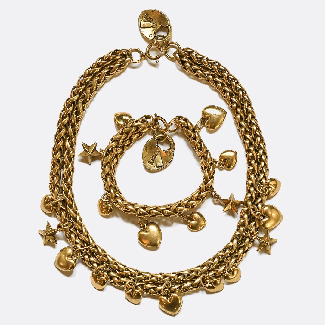 Vintage Costume "Stars & Hearts" Charm Necklace & Bracelet Set