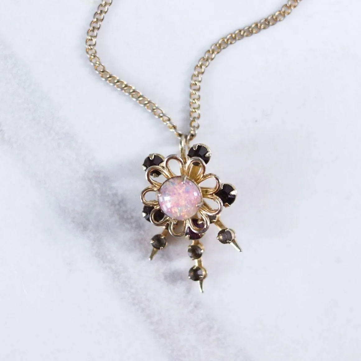 Vintage Opaline and Smoke Diamante Rhinestone Pendant Necklace