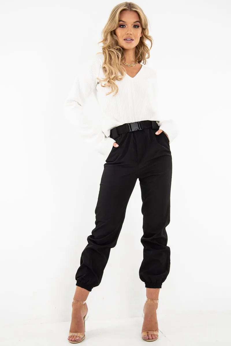 White Chunky Rib V-Neck Jumper - Evalise