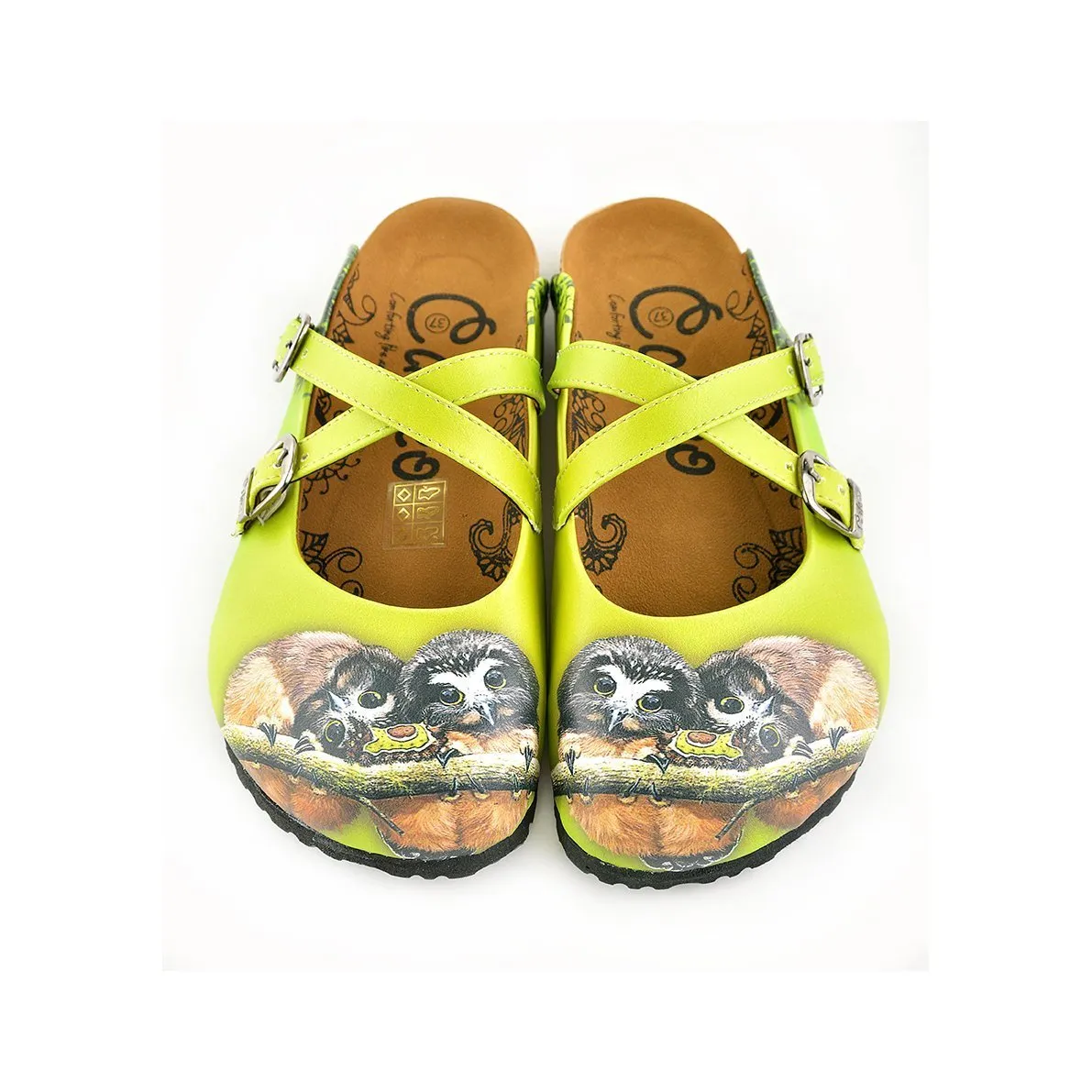 Yellow and Green Colored, Brown Colored Cute Owl Patterned Clogs - WCAL139